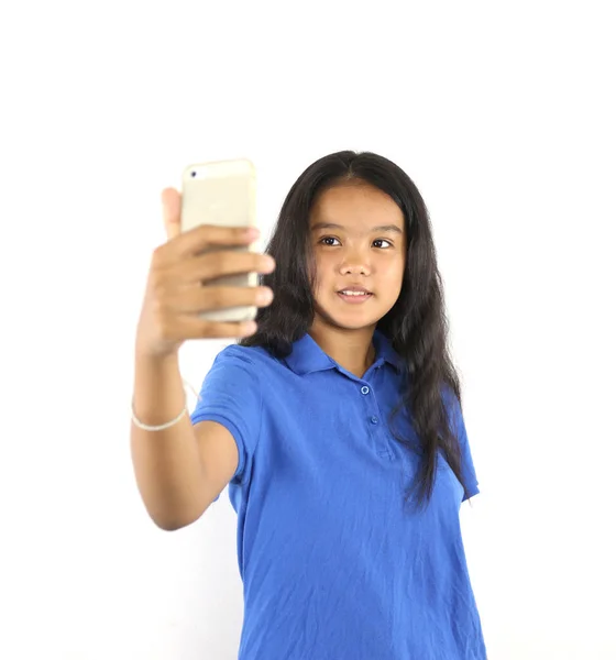 Asian Young Woman Take Photo Mobile Phone Teen Selfie Her — Stock Photo, Image