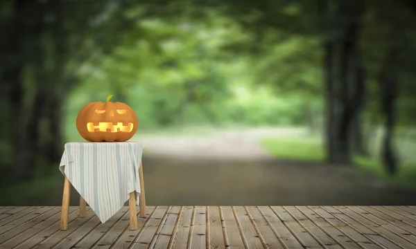 Zucca di Halloween sul pavimento in legno in casa e nella foresta naturale — Foto Stock