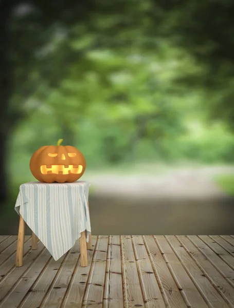 Zucca di Halloween sul pavimento in legno in casa e nella foresta naturale — Foto Stock