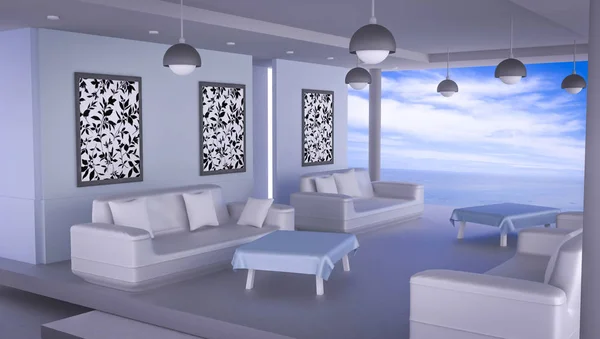 Beach Lounge Sea Blue Sky Interiors Rendering — Stock Photo, Image