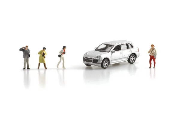 Vacation time of Photographer with friend with car on white background , Miniature figure