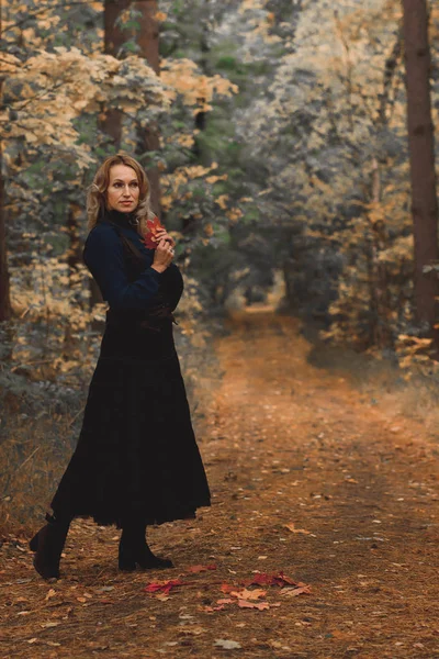 Szép Fiatal Őszi Erdőben Sétálni — Stock Fotó