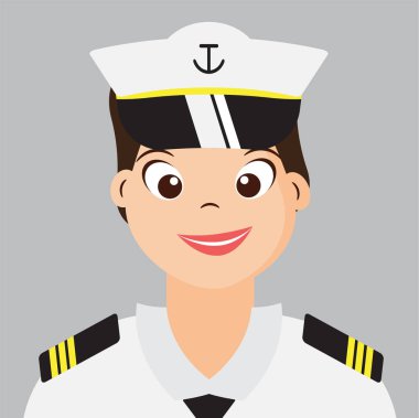 Kadın deniz ile deniz kuvvetleri üniformalı gülümseyen karikatür karakter tasarımı, vektör, illüstrasyon.