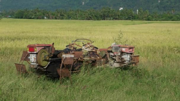 Máquina Trituradora Tractores Arroz Oxidada Campo Abierto — Vídeos de Stock