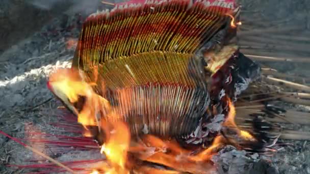 Chinese Traditional Culture Burning Incense Offering Prayers Burning Symbolic Paper — Stock Video