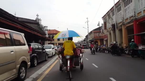 George Town Penang Malaysia Jun 2018 Trishaw Driver Cycling Carnarvon — 图库视频影像