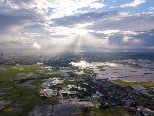 Letecký Pohled Nádherný Sluneční Paprsek Přes Rýžové Pole Perai Penang — Stock fotografie