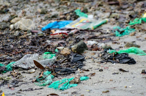 Plastic garbage at sea coastal in morning.