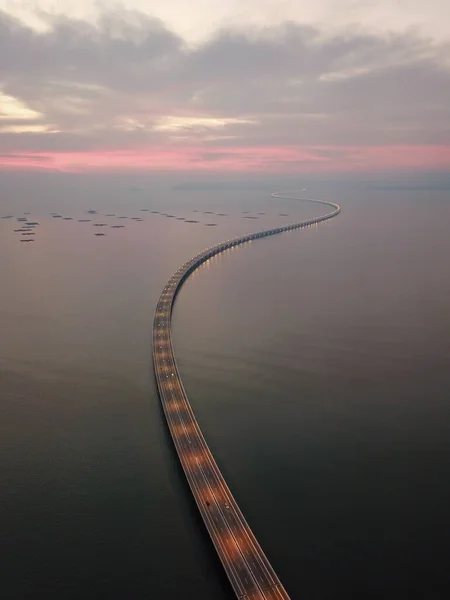 Penang Zweite Brücke Rot Bunten Sonnenuntergang Mit Licht — Stockfoto