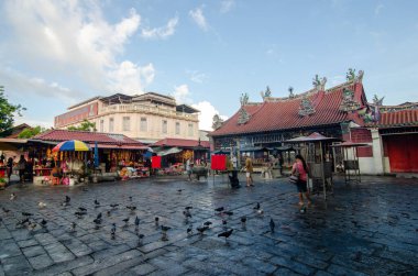 Güvercinler Merhamet Tanrıçası 'nın önünde dururlar..