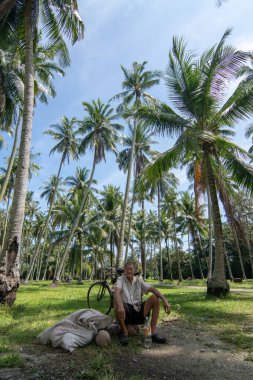 Bir adam çiftlikte hasat edilen hindistan cevizleriyle bisikletin yanında dinleniyor..