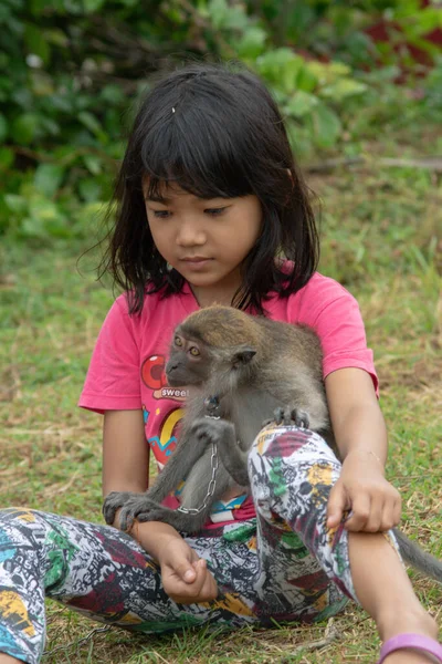 Девушка обнимает обезьяну на поле . — стоковое фото