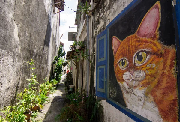 Mural cat at window near the back alley of Lebuh Cannon. — Stock Photo, Image