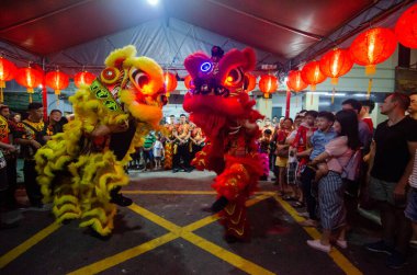 İnsanlar Çin yılbaşında sokaklarda aslan dansı gösterisinden hoşlanırlar..