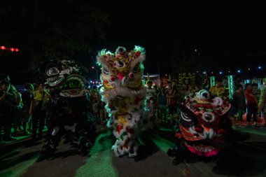 Sokakta üç aslan dansı gösterisi.