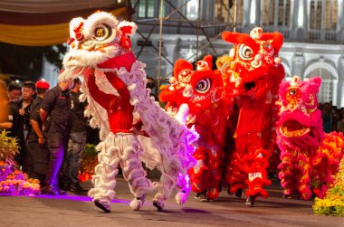 Georgetown, Penang/Malaysia - Feb 15 2020: Lion dance perform during chinese new year. clipart