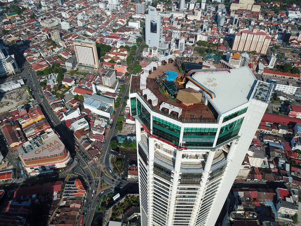 Georgetown, Penang/Malaysia - Feb 29 2020: KOMTAR and GAMA in drone view.