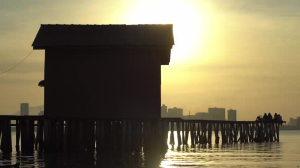早上佩南氏族Jetty的侧影木桥 — 图库视频影像