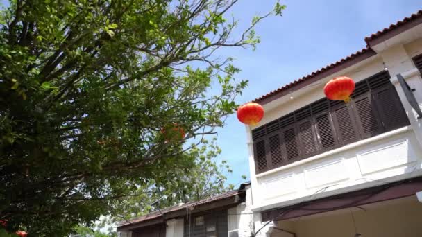 Red Lantern Hanging Old Heritage House George Town Green Trees — Stock Video