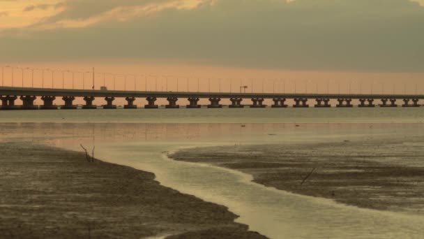 日落时分从泥泞的土地上俯瞰槟城第二桥 — 图库视频影像