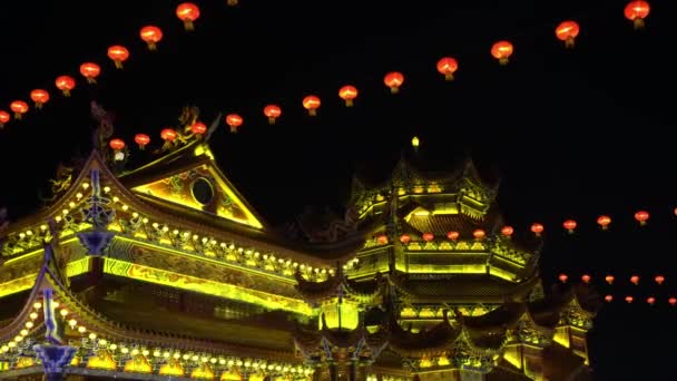 Buntes Licht Mit Laternen Dekoration Zum Chinesischen Neujahrsfest Tempel — Stockvideo