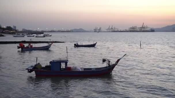 Fishing Boat Background Container Terminal Sunset — Stock Video