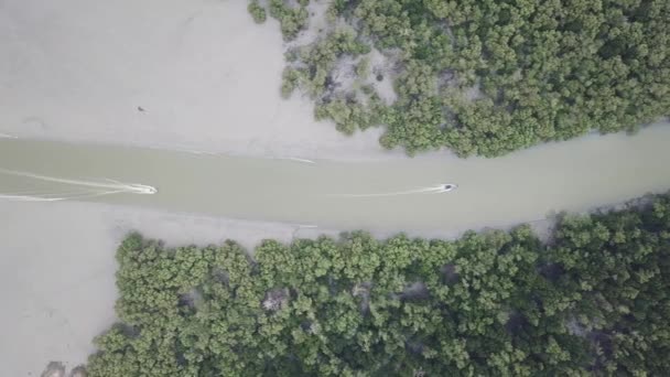 Top vista barco de pesca se mueven en la zona del manglar desde el mar . — Vídeos de Stock