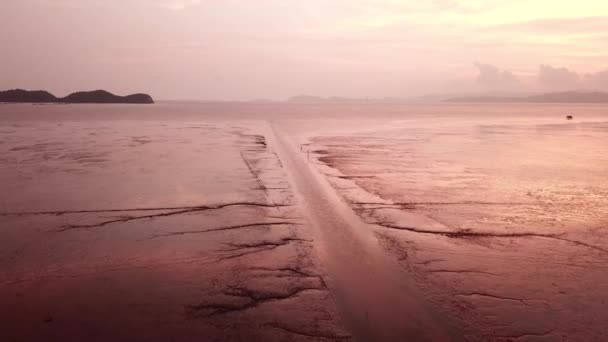 Vlieg naar het waterpad met modder tijdens zonsondergang bij Penang. — Stockvideo
