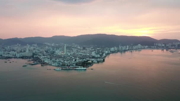 Aerial marvelous color sunset over Penang Island. — Stock Video
