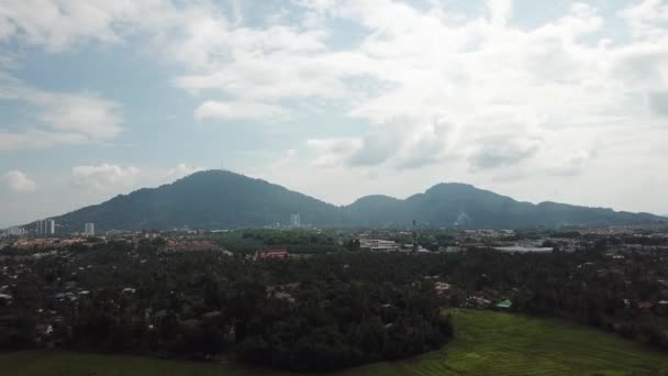 Voler vers Bukit Mertajam colline à travers la plantation verte . — Video
