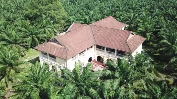 Letecký pohled koloniální budova v palmovém palmovém panství v Penang, Malajsie. — Stock video