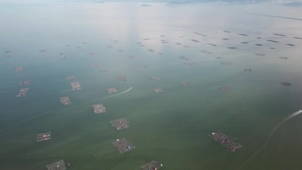 Flygande panorering fiskebåtar seglar mot Penang Second Bridge — Stockvideo