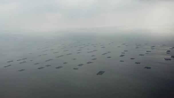 Vista aérea piscifactoría en el mar — Vídeos de Stock