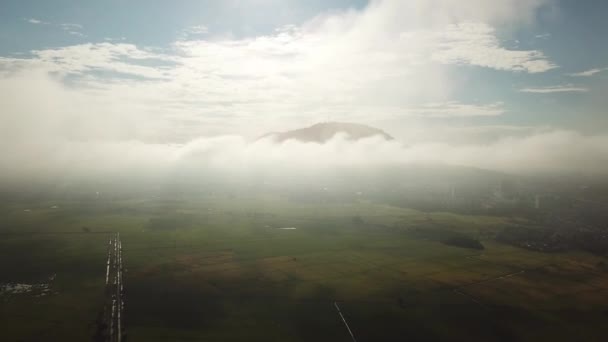 Hava beyaz bulutu sabah dağda hareket ediyor ve yeşil çeltik tarlasında. — Stok video