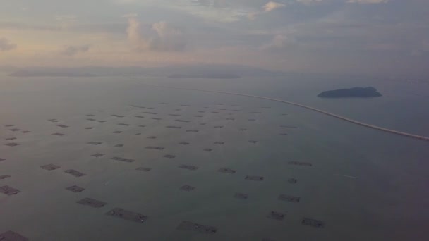 Luchtvlieg over viskwekerij bij Penang Second Bridge en Pulau Aman. — Stockvideo