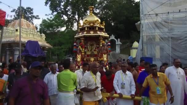 Zlatý vůz tažený oddanými během průvodu v poslední den Thaipusamu. — Stock video