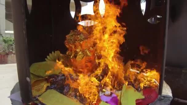 Burning of joss paper at Goddess of Mercy temple. — Stock Video