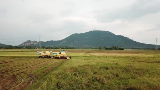 Luchtfoto twee oogstmachine New Holland "park op rijstveld." — Stockvideo