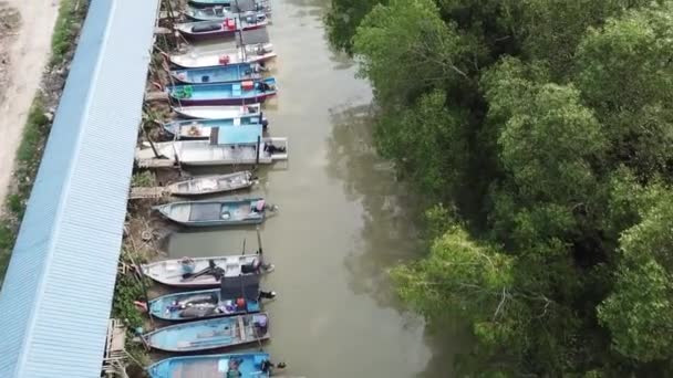 Vue aérienne du haut vers le bas bateaux de pêche se garer dans une rangée à côté des mangroves . — Video