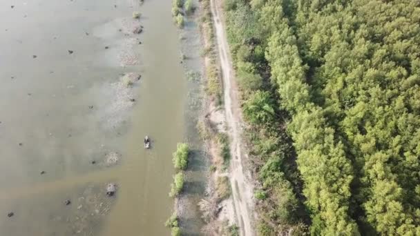 Bateau aérien de haut en bas bateau de pêche en bois dans les zones humides . — Video