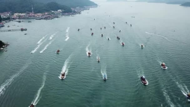 Aerial boats sail together at Pangkor Island — Stock Video