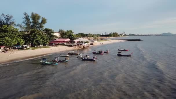 Aerial view fishing boat park at Pantai Bersih. — Stock Video