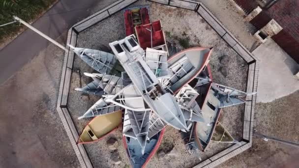 Top down view Tsunami monument of boats graveyard. — Stock Video