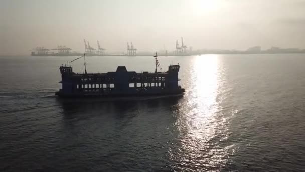 Aerial Blue ferry sail toward Butterworth. — Stock Video