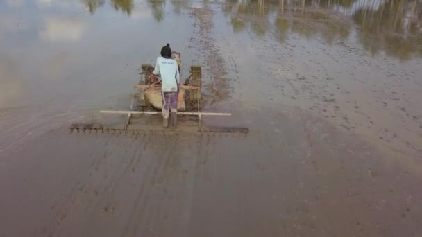 空撮農家トラクターで耕す安全第一シャツを着用. — ストック動画