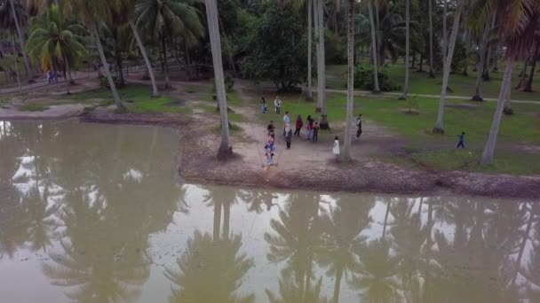 Hindistan cevizi çiftliğinde hava turistleri salıncakta sallanıyor. — Stok video