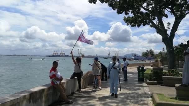 A woman hold flag waving hand to the fishermen reject South Island reclamation — Stock Video