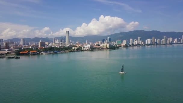 Aerial yacht sail at Penang in bright sunny day. — Stock Video