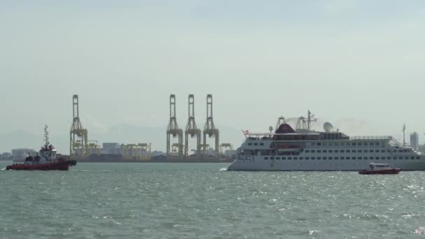 Barco rebocador e navio de cruzeiro — Vídeo de Stock