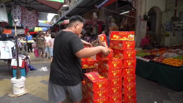 George Town Penang Malezja Stycznia 2020 Mandaryński Sprzedawca Pomarańczy Przygotować — Wideo stockowe